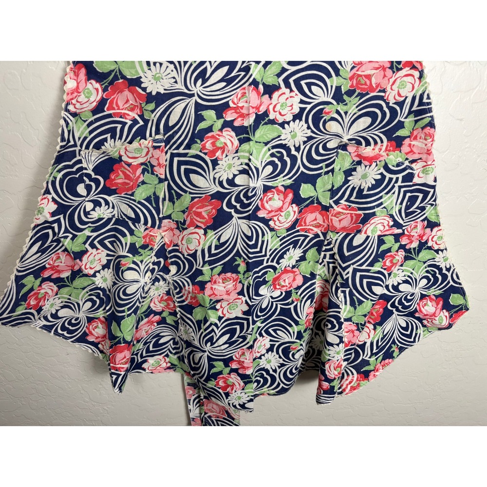 Vintage Floral Full Bib Apron Blue Red Pink Ric Rac Trim Pockets Ruffle Hem 2426 - Picture 4 of 5